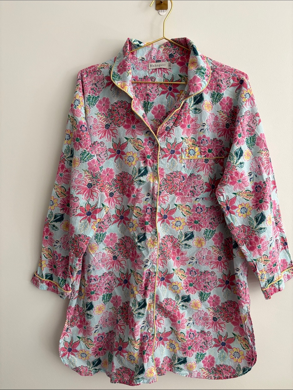 Mahogany Zoe Nightshirt Blue Pink Foral 100% Cotton Button Front Sleep Size XL